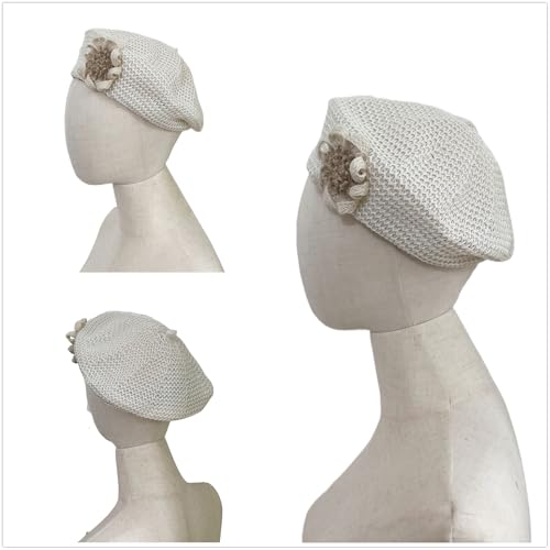 Women Summer French Beret Lady Slouchy Crochet Beret Hats 3D Flower Artist Painters Woven Beach Beanie Cap - color: Beige