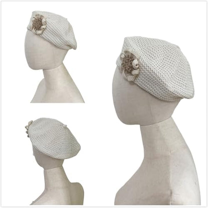 Women Summer French Beret Lady Slouchy Crochet Beret Hats 3D Flower Artist Painters Woven Beach Beanie Cap - color: Beige