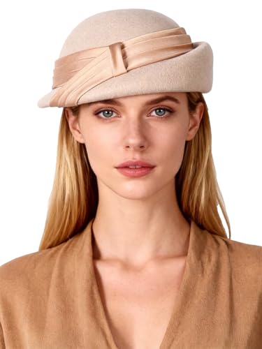 Women Wool Felt Ribbon French Fashion Vintage Millinery Beret Hats Top Cap Ladies Party Wedding Fedoras Chapeau - color: Light Camel