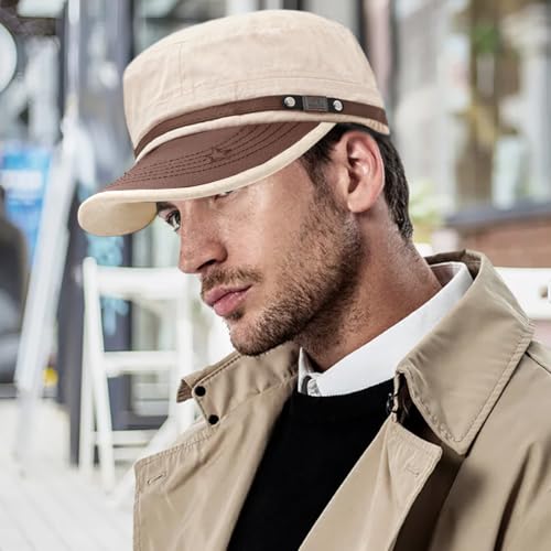 Flat Top Cap for Men Soft Cotton Adjustable Military - color: Khaki