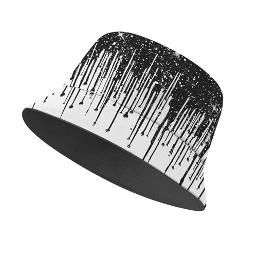 Amasnay Neon Bucket Hat Cotton Double-Side-Wear Reversible Sun Hat for Women Men, Summer Vacation Travel Beach Fisherman Hat - color: Black Star Drip Print