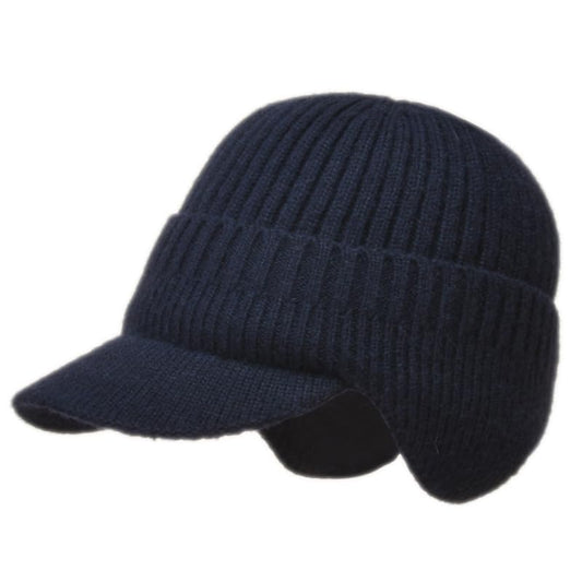 Men Earflap Beanie Knitted Lined Skullies Baseball Cap Windproof Neck Warmer - color: Navy