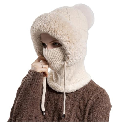 Women’s Knitted Beanie Hat with Face Cover - 3 in 1 Winter Balaclava with Mask Scarf Ear Muffs Pompom Fleece Lined Snow Caps - color: Beige-b