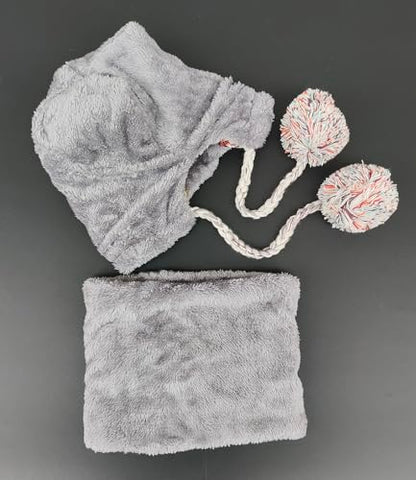 HUAMULAN Women Winter Knit Beanie Hat Circle Scarf Set Pompoms Ear Flaps - color: Gray