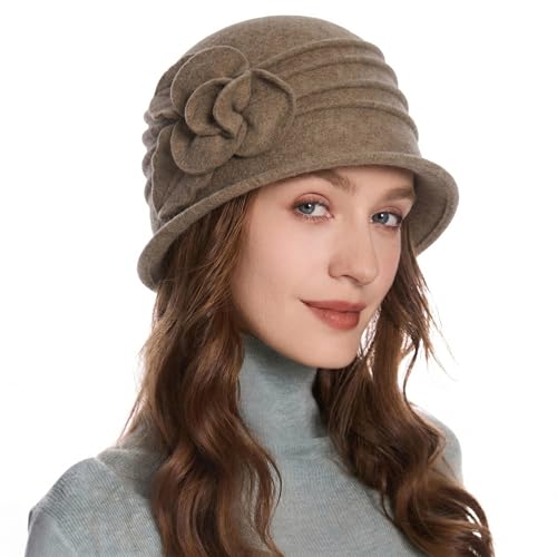 ZLYC Women Wool Cloche Bucket Hat 1920s Vintage Winter Hat with Flower - color: Rose Tan