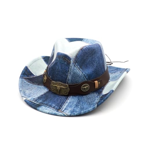 Western Cowboy Hat for Men Cowgirl Hat for Women Unisex Wide Brim Felt Fedora Hats Classic Cowboy Hats - color: Denim
