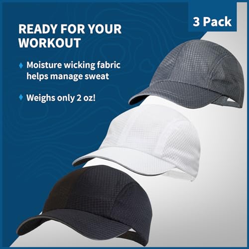 TrailHeads Men's Race Day Running Hat, Quick Dry, Moisture Wicking - color: White Charcoal & Black 3-pack