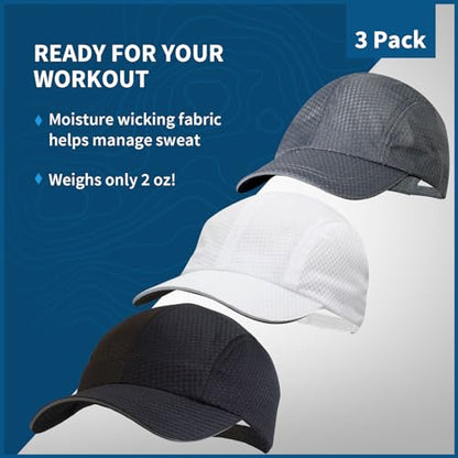 TrailHeads Men's Race Day Running Hat, Quick Dry, Moisture Wicking - color: White Charcoal & Black 3-pack