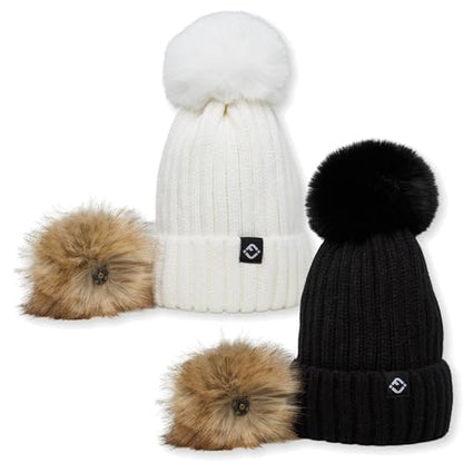 Funky Junque Women’s Winter Detachable Pom Beanie – Warm Knit Hat with Removable Faux Fur Pom, Soft Stretch Acrylic Cozy Cap - color: 2 Pack - Black & Ivory