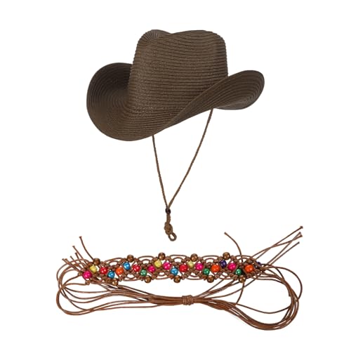 Unisex Straw Cowboy Hat Wide Brim Western Sun Hat Adjustable Beach Cowgirl Hat for Summer Outdoor Sun Protection - color: Khaki Color, Woven Strap