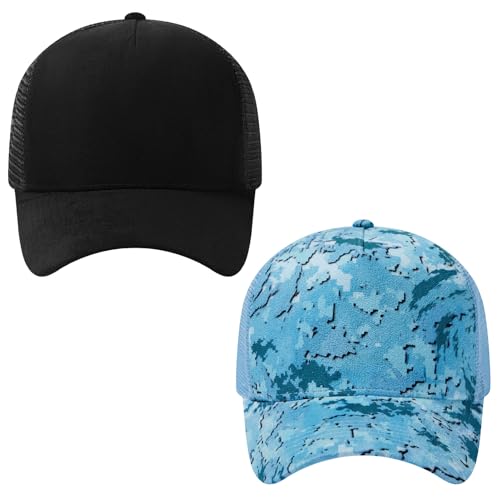 Suede Curved Brim Trucker Cap Adjustable Snapback Hat Mesh Back Breathable for Men Women 2 Pack SH03 - color: Pack of 2, Black & Ocean Digital Camo