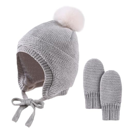 JANGANNSA Basic Winter Baby Beanie Gloves Boy Girl Knitted Kids Hat Mitten - color: Gray Hat+gloves No Thumb, size: 0-6 Months