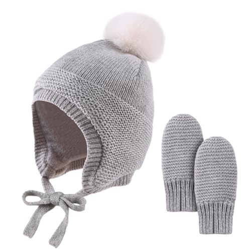JANGANNSA Basic Winter Baby Beanie Gloves Boy Girl Knitted Kids Hat Mitten - color: Gray Hat+gloves No Thumb, size: 0-6 Months