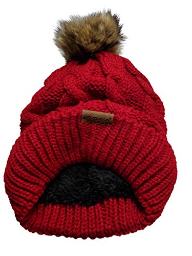Novarena Thick Cable Knit Faux Fuzzy Fur Pom Fleece Lined Skull Cap Cuff Beanie - color: Red Pom Beanie