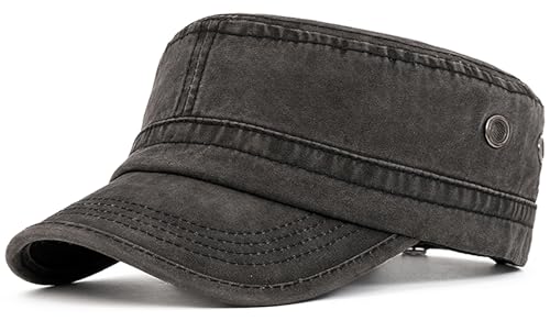 Military Cadet Army Cap for Men Women – Washed Cotton Vintage Adjustable Flat Top Hat - color: Black