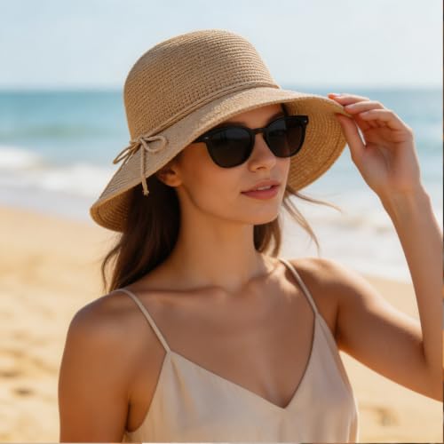 Straw Bucket Hats for Women Beach Sun Hat Foldable Packable Handmade Sun Protection Floppy Travel - color: Khaki-brim3.1"