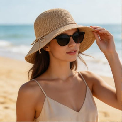 Straw Bucket Hats for Women Beach Sun Hat Foldable Packable Handmade Sun Protection Floppy Travel - color: Khaki-brim3.1"