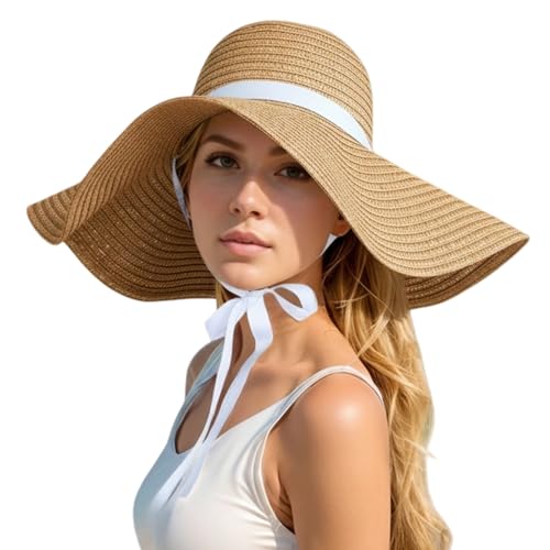 Oversized Beach Straw Hats for Women Floppy, Extra Large Sun Visor Hat Wide Brim Summer Roll Up Big Beach Hat Women Foldable - color: Diameter 50cm Khaki-2
