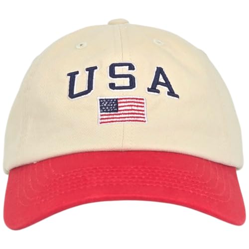E BY ELIDAN USA Hat, Embroidered American Flag Baseball Cap for Men Women - color: Cream + Red