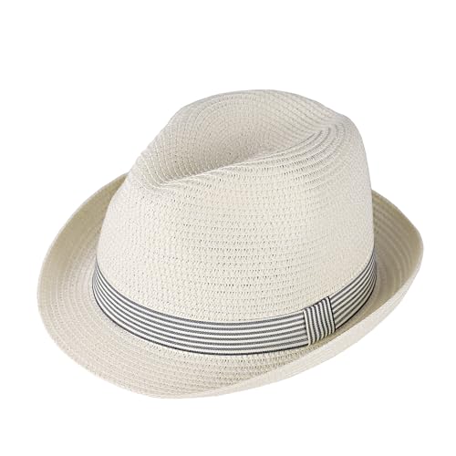 Summer Panama Straw Fedora Hats for Men Women Trilby Hat Foldable Roll Up Short Brim Panama Beach Hat Topper - color: White, size: One Size-Medium