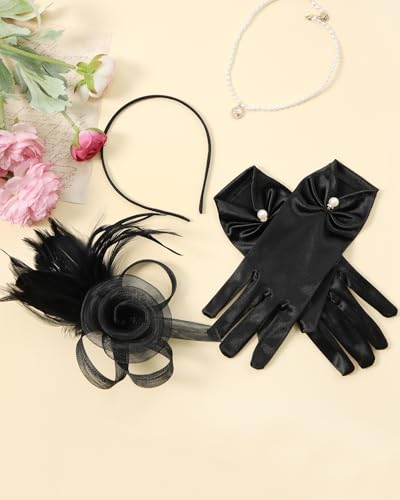 2Pcs 50s Fascinators Hats for Women Wedding Cocktail Flower Mesh Ribbons Feathers Church Tea Party Hats and Lace Glove - color: Black