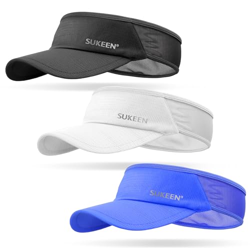 Sukeen 3 Pack Sports Sun Visor Men Women Lightweight Packable Cooling Stretchy Visor Hat for Running, Tennis, Golf - color: Black/White/Blue