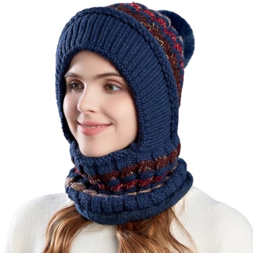 HUAMULAN Women Winter Knit Beanie Hats One Piece Fleece Lined Balaclavas - color: Navy + Colorful Stripe