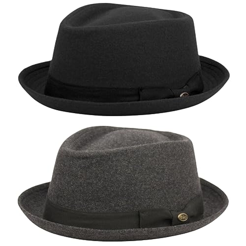 Funky Junque Wool Blend Porkpie Fedora, Classic Trilby Dress Hat - color: 2 Pack: Charcoal & Black, size: Medium