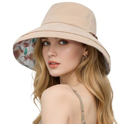 HUAMULAN Women Wide Brim Reversible Sun Hat Summer Beach Fishing Bucket - color: Khaki Floral