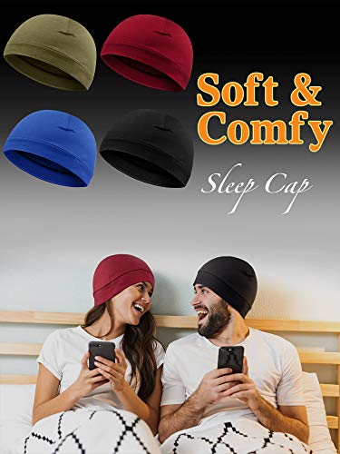 Syhood 4 Cotton Skull Caps for Men Women Sleep Night Hat Beanie - color: Green, Blue, Wine Red, Black