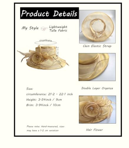 Women's Kentucky Derby Church Dress Hat Wide Brim Leaf Flower Bridal Shower Hat - color: F1-gold