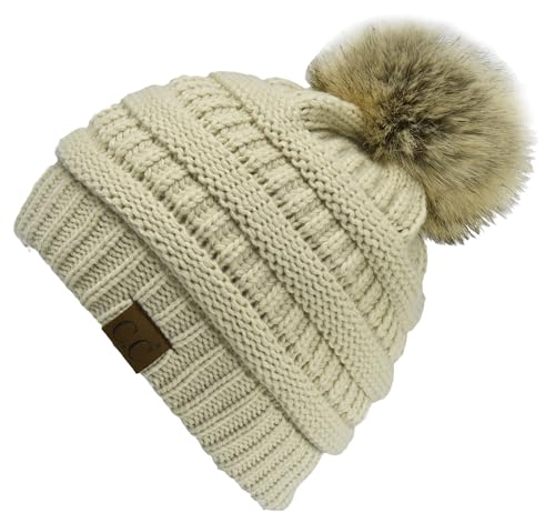 C.C Trendy Fuzzy Fleece Lined Warm Comfortable Soft Stretch Cable Knit Ribbed Faux Fur Pom Pom Beanie Hat - color: Beige