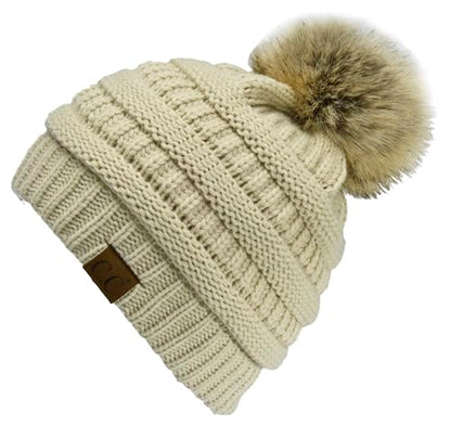 C.C Trendy Fuzzy Fleece Lined Warm Comfortable Soft Stretch Cable Knit Ribbed Faux Fur Pom Pom Beanie Hat - color: Beige