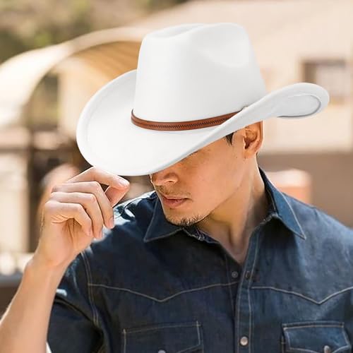 DRESHOW Cowboy Hat for Women and Men Wide Brim Western Cowboy Cowgirl Hat with Belt Buckle Unisex Rolled up Caps - color: White