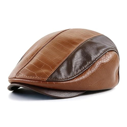 Mens Ivy Cap PU Leather Newsboy Hat Adjustable Beret Caps Classic Golf Flat Cap Gatsby Driving Fishing Hat - color: Brown 6
