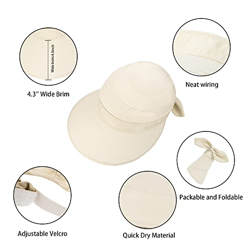 Womens Large Brim Sun Hat Uv Protection 2 in 1 Zip-Off Sun Protection Visor Beach Hat Packbale Foldable - color: Beige
