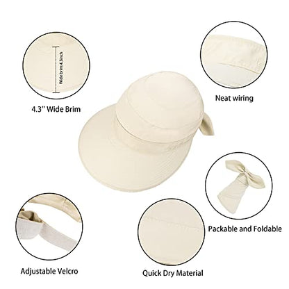 Womens Large Brim Sun Hat Uv Protection 2 in 1 Zip-Off Sun Protection Visor Beach Hat Packbale Foldable - color: Beige