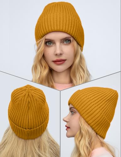 Satin Lined Wool Acrylic Blend Beanie Hat Women Men, Winter Knit Cap - color: Yellow