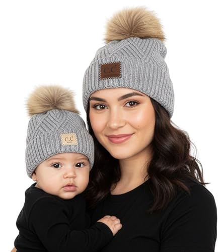 Funky Junque Mommy & Me Pom Pom Beanies Set – Infant Baby & Mom Matching Winter Outfits, Warm Newborn & Women's Beanie Hats - color: Diagonal Basketweave - Heather Grey