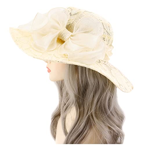 Haoohu Women's Church Derby Hat Wide Brim Bow Bucket Hat Wedding Dress Hat Fascinator Bridal Tea Party Hat - color: 03966leaf Beige