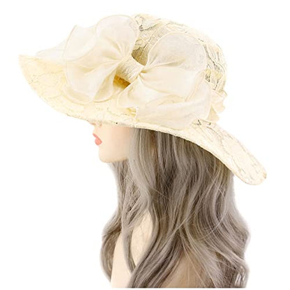 Haoohu Women's Church Derby Hat Wide Brim Bow Bucket Hat Wedding Dress Hat Fascinator Bridal Tea Party Hat - color: 03966leaf Beige