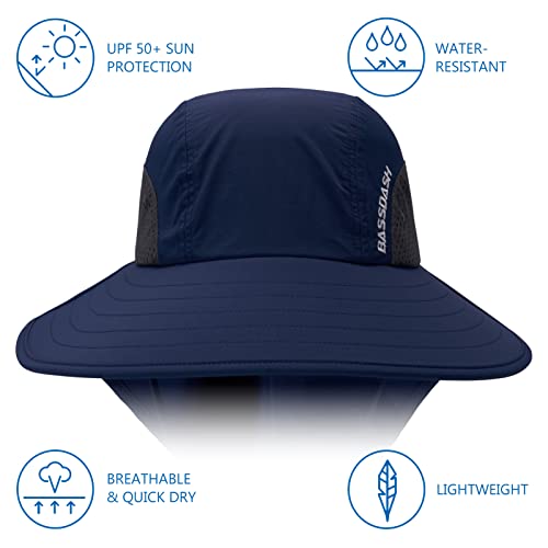 BASSDASH UPF 50+ Unisex Water Resistant Wide Brim Sun Hat with Large Neck Flap Ponytail Fishing Hat for Men Women - color: Dark Blue