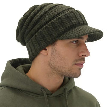 Ruphedy Mens Beanie with Brim Winter Hat Knitted Thick Fleece Visor Beanie - color: B320-green