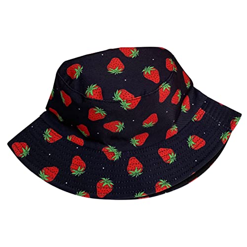 Unisex Bucket Hat Beach Sun Hat Aesthetic Fishing Hat for Men Women Teens, Reversible Double-Side-Wear - color: Strawberry Black