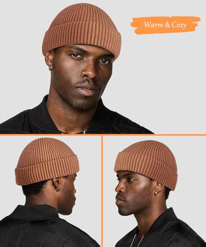 Heniho Wool Fleece Lined Fisherman Beanie for Men, Winter Warm Hats Cuffed Knit Watch Cap Trawler Hat - color: 1pack - Camel