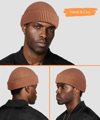 Heniho Wool Fleece Lined Fisherman Beanie for Men, Winter Warm Hats Cuffed Knit Watch Cap Trawler Hat - color: 2pack N- Black&tan