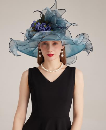 Women Derby Church Hat Organza Flower Wedding Tea Party Fascinator Wide Brim Sun Hat - color: 13-cyan