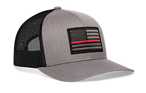 HAKA American Flag Hat | USA Mesh Trucker Snapback Comfort Baseball Cap - color: Gray & Black, style: Thin Red Line (Grey Stripes)