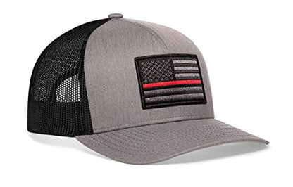 HAKA American Flag Hat | USA Mesh Trucker Snapback Comfort Baseball Cap - color: Gray & Black, style: Thin Red Line (Grey Stripes)