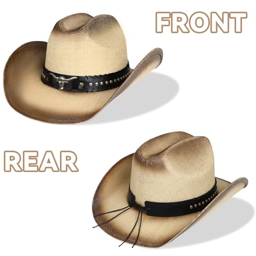 WQWOVRVO Cowboy Hat,Cowgirl hat,Brown Cowboy Hats for Women/Mens Straw Wide with Shapeable Brim Western Cowboy Hat for Womens - color: Beige & Coffee Color